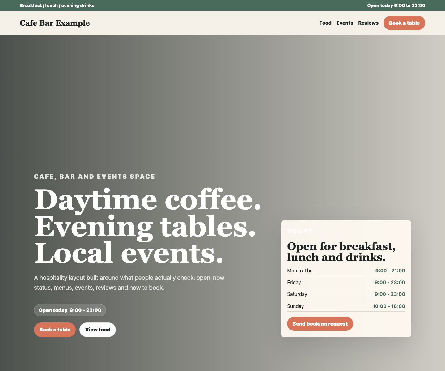 Cafe bar and events website preview