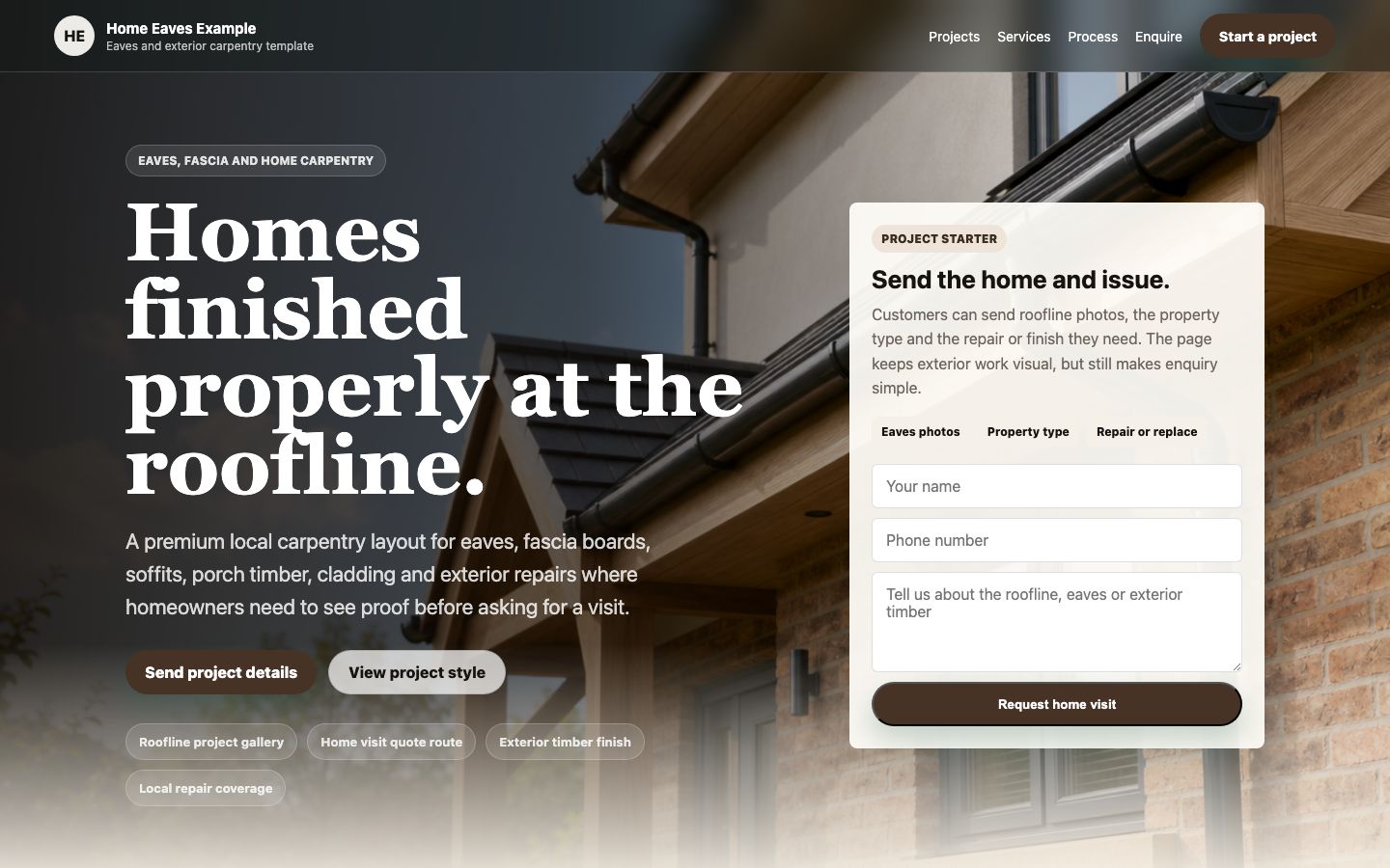 Home eaves and exterior carpentry website preview