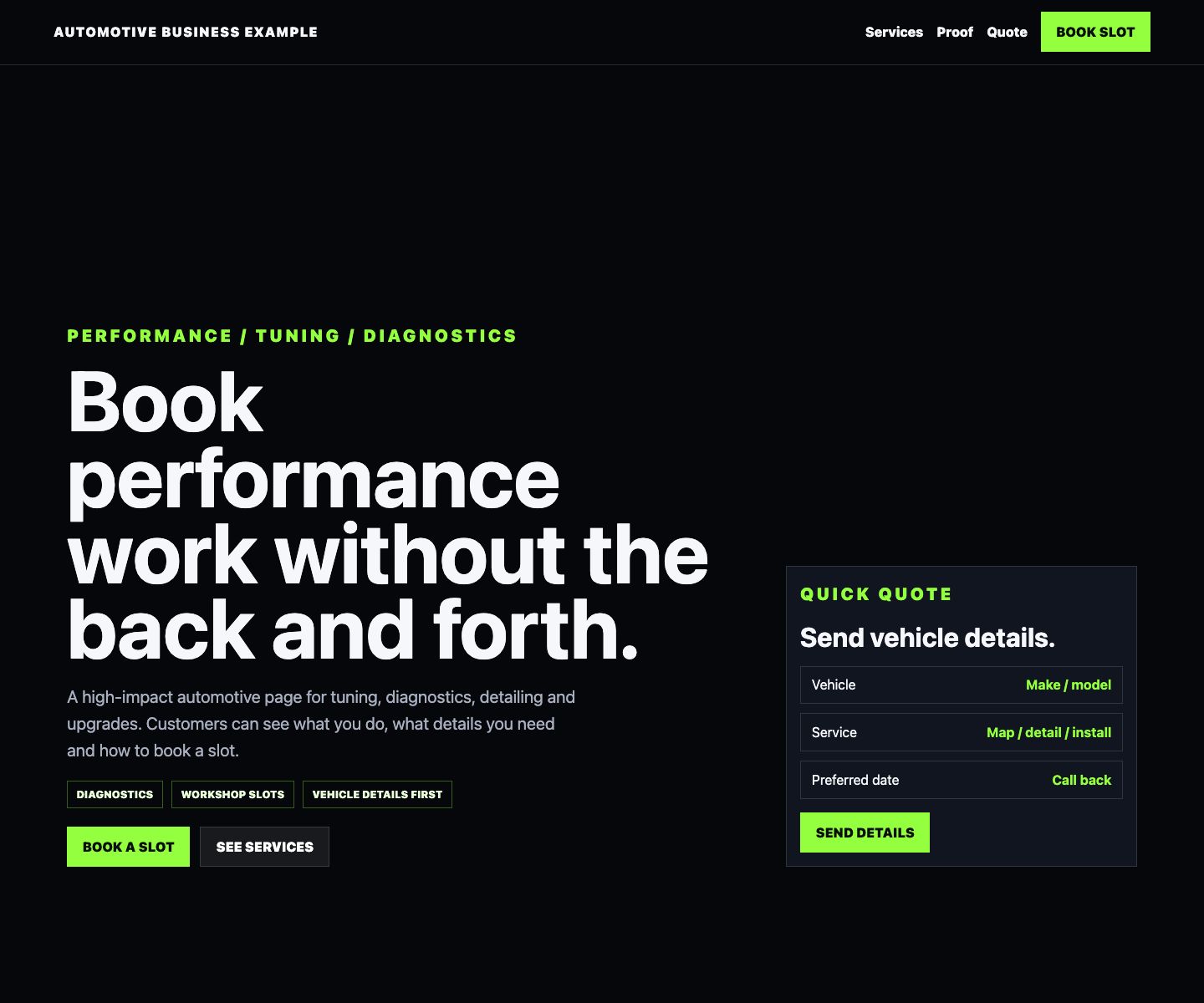 Performance automotive website preview