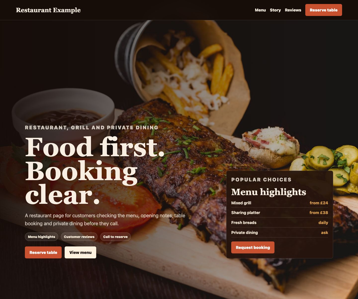 Restaurant website example