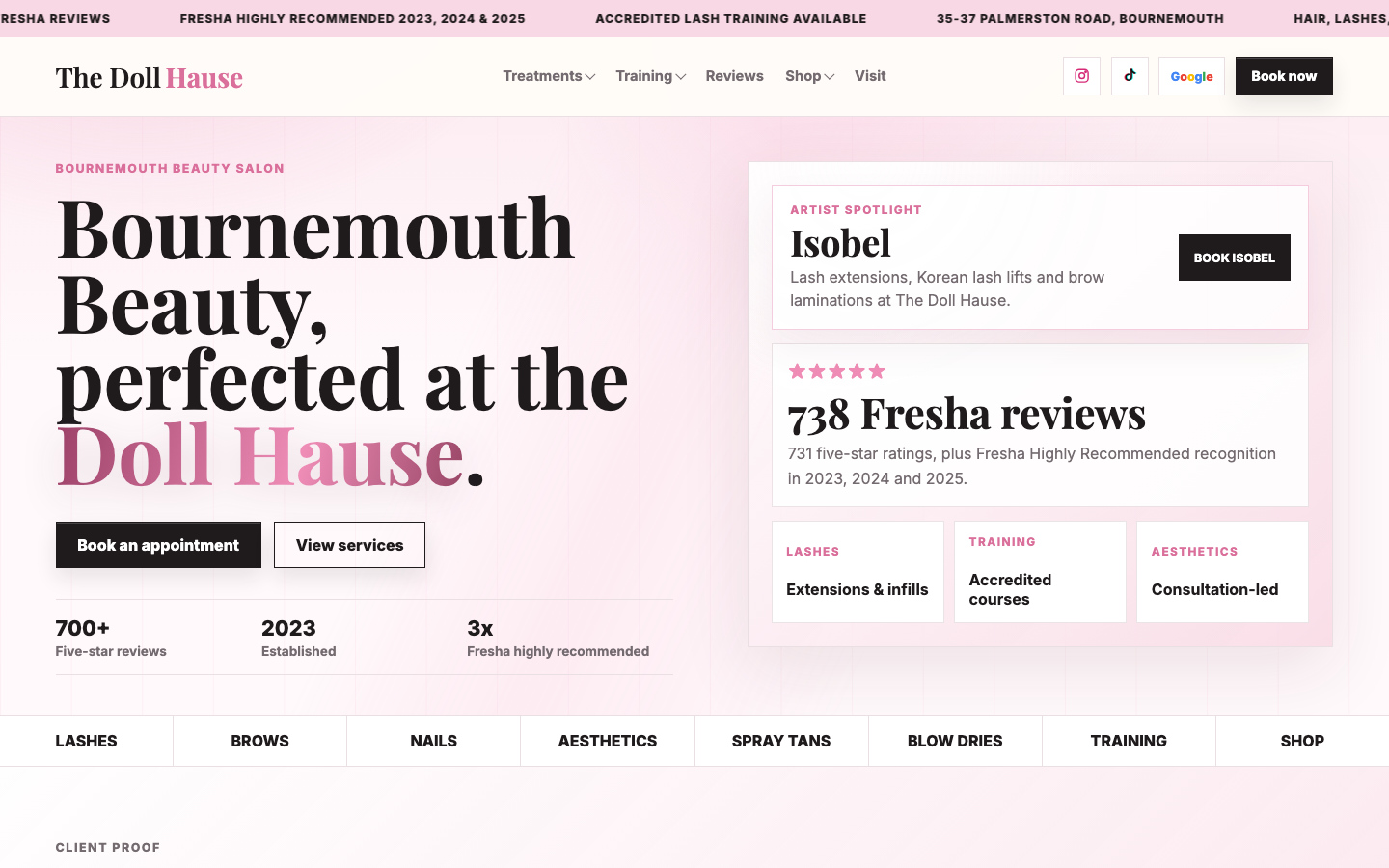 The Doll Hause desktop website screenshot showing treatments and booking routes