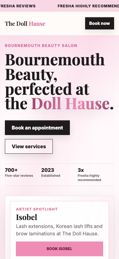 The Doll Hause mobile website screenshot showing salon information